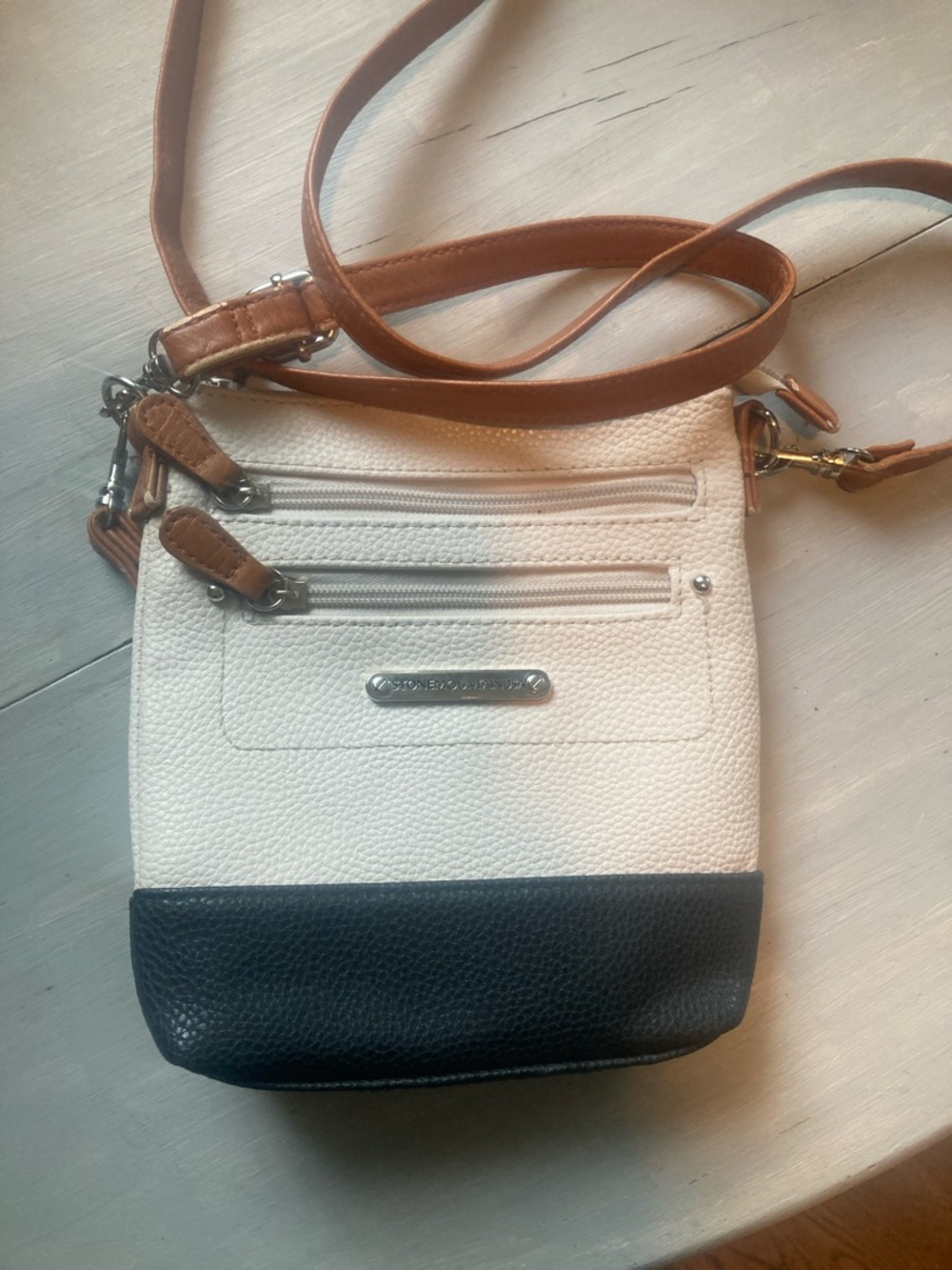 Stone Mountain USA White Crossbody with Black Base and Tan Strap